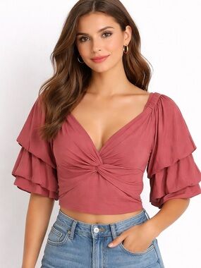 Vestique Terracotta Rose Puff Sleeve Tie Back Smocked Crop Top Blouse Medium